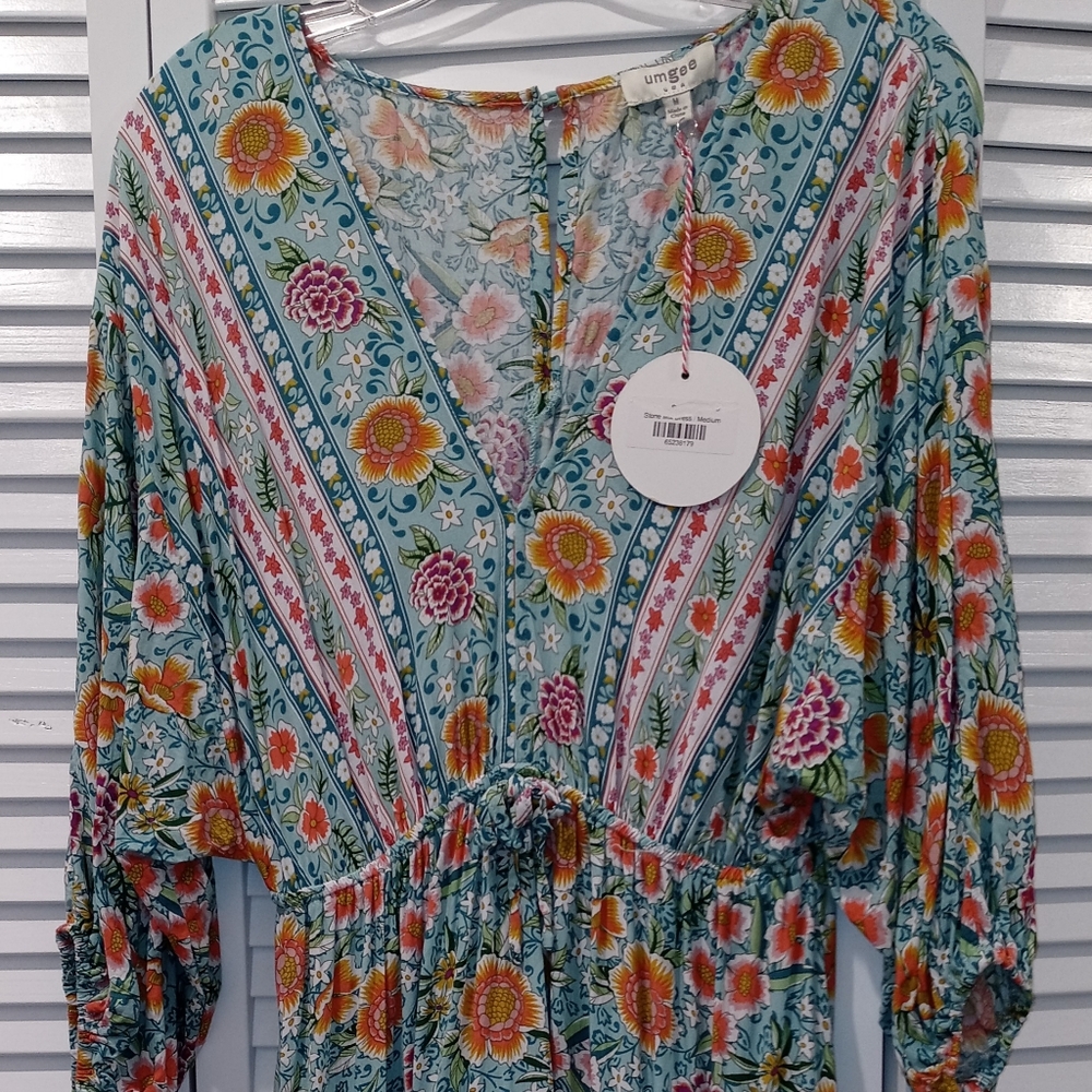 UMGEE Mint Mix Floral Balloon Sleeve Ruffle Trim Dress Elastic Waist, Medium
